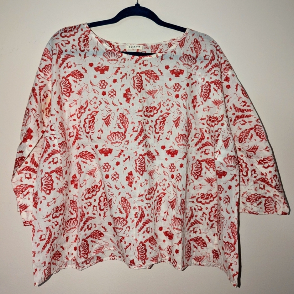 Masscob Cotton Red & Ivory Floral Cottagecore 3/4 Sleeve Boxy Top 38 Spain